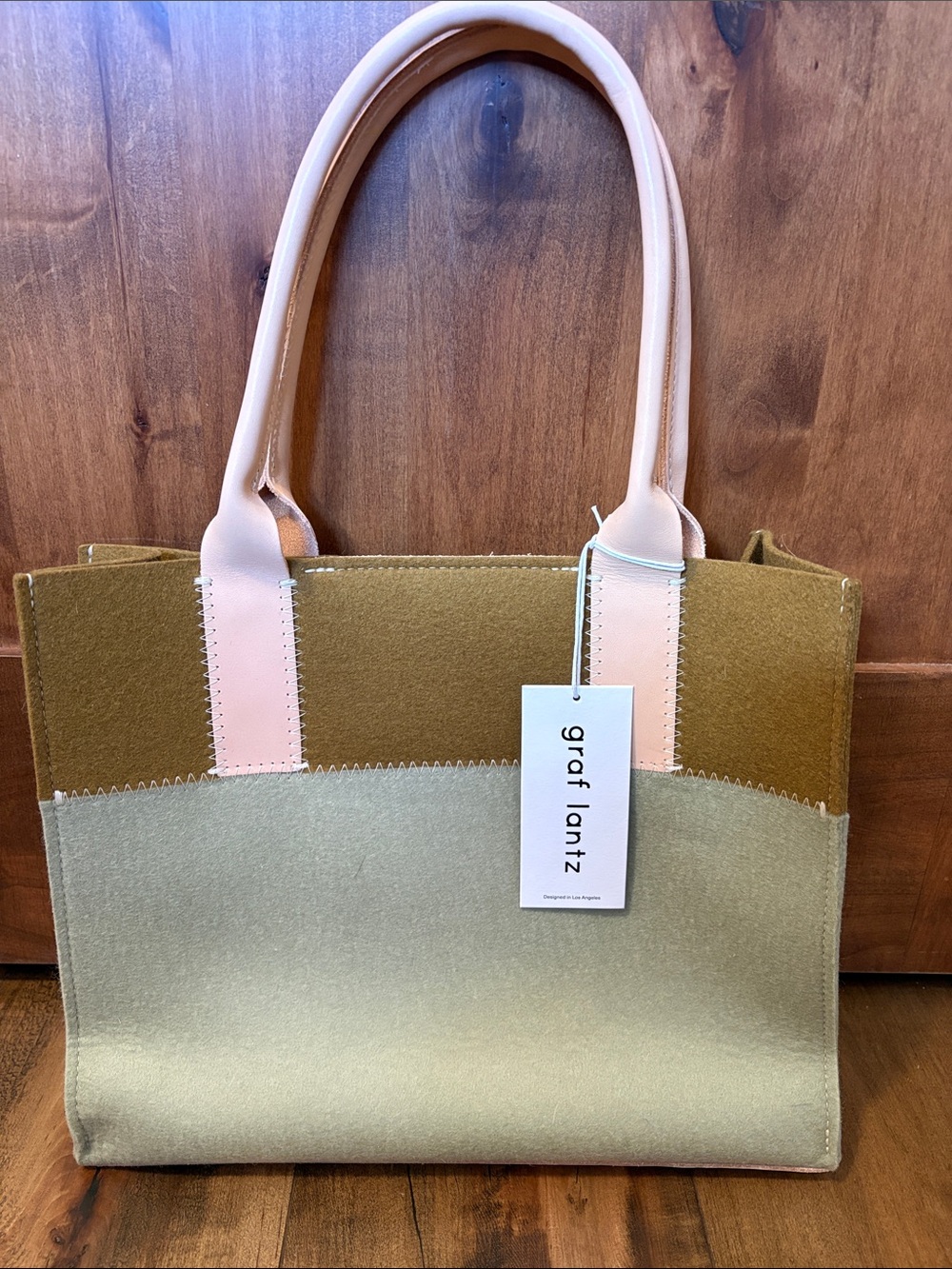 Graf Lantz Two-Tone Felt Tote in Sage & Brine with soft natural leather handles